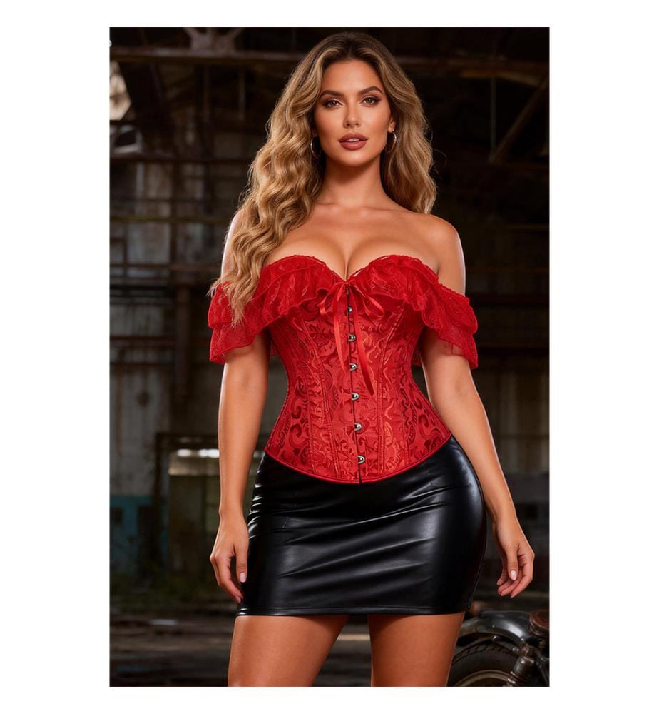 Red lace off-the-shoulder corsets with matching panties - Red