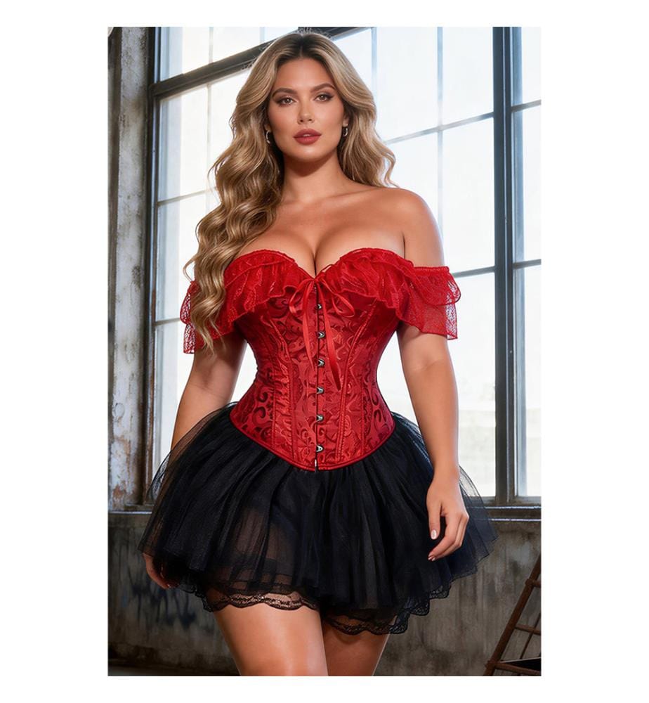 Red lace off-the-shoulder corsets with matching panties - Red