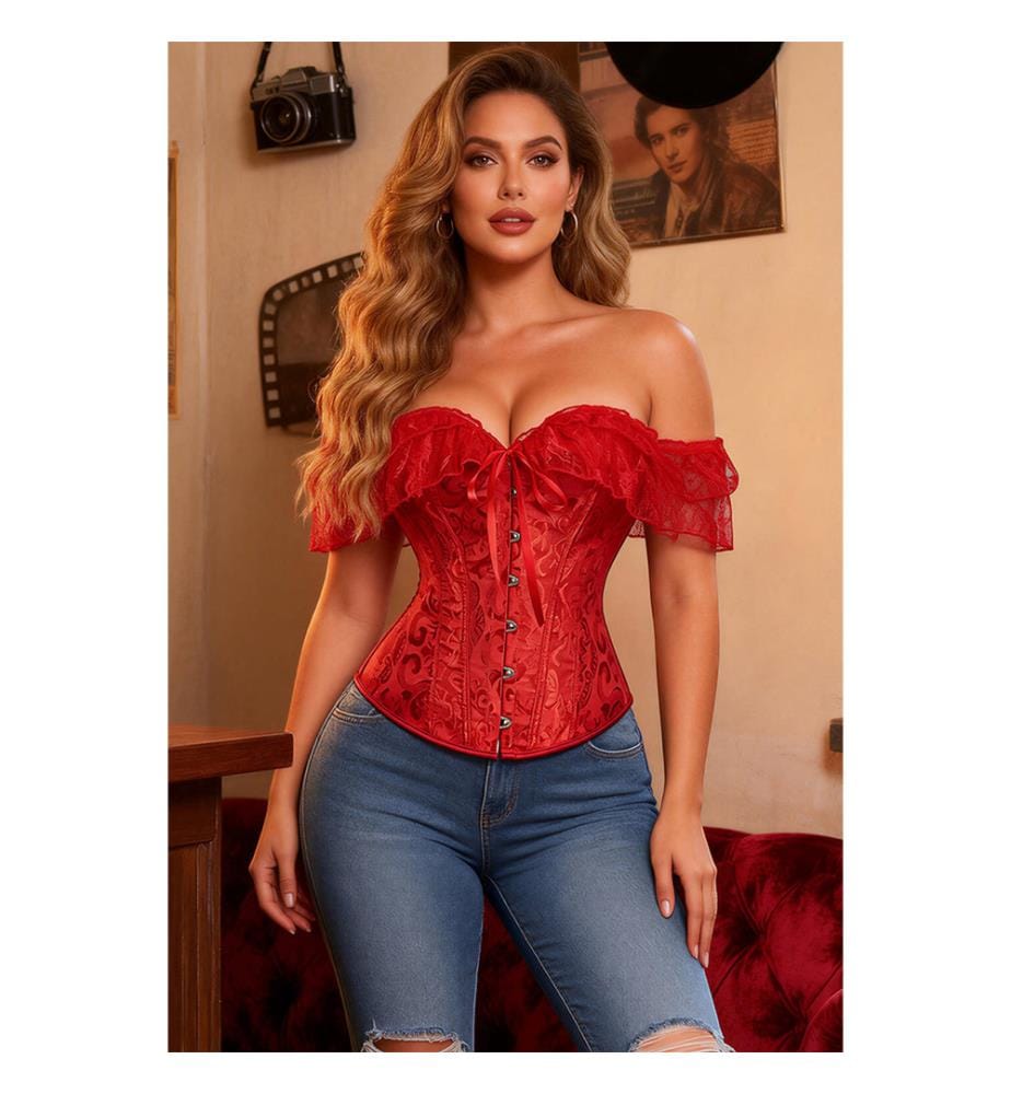 Red lace off-the-shoulder corsets with matching panties - Red