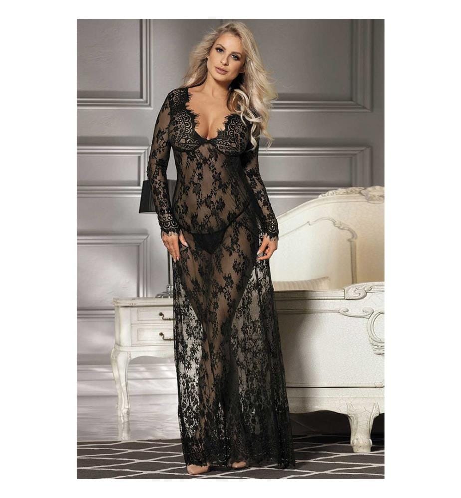 Déshabillé Long Dentelle V String - Noir