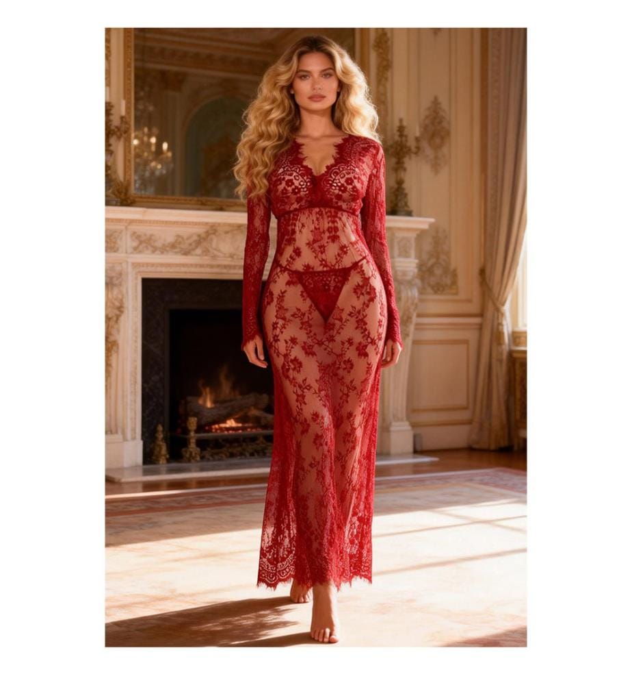 Déshabillé Long Dentelle V String - Rouge
