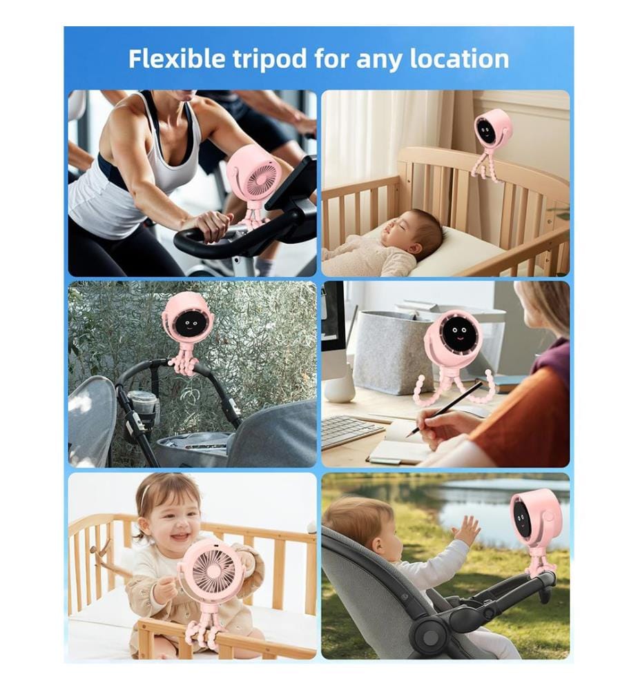 Tragbarer Kinderwagen-Ventilator, persönlicher Ventilator für die Reise, Air Turbo Tech&Digitales Display, abnehmbar, 5 Geschwindigkeiten, wiederaufladbar, 360° drehbar, flexibler Stativventilator - Pink