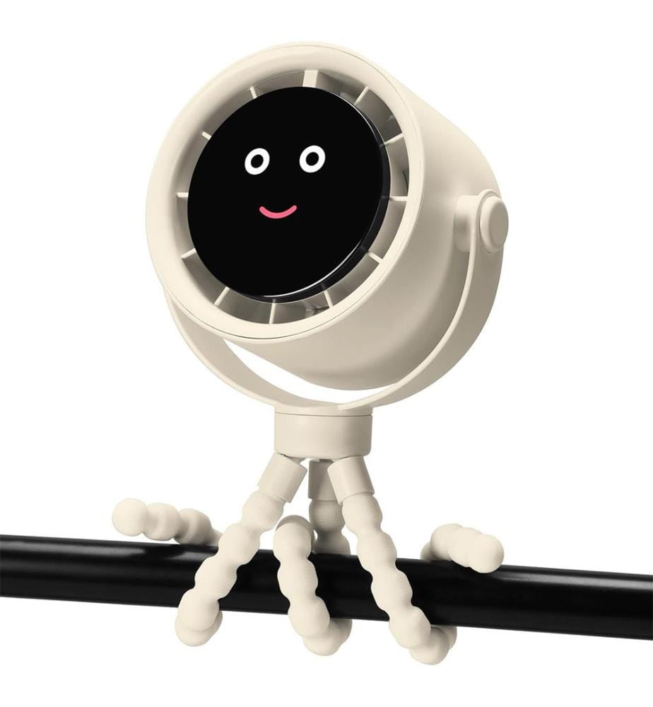 Tragbarer Kinderwagen-Ventilator, persönlicher Ventilator für die Reise, Air Turbo Tech&Digitales Display, abnehmbar, 5 Geschwindigkeiten, wiederaufladbar, 360° drehbar, flexibler Stativ-Ventilator - Reisweiss
