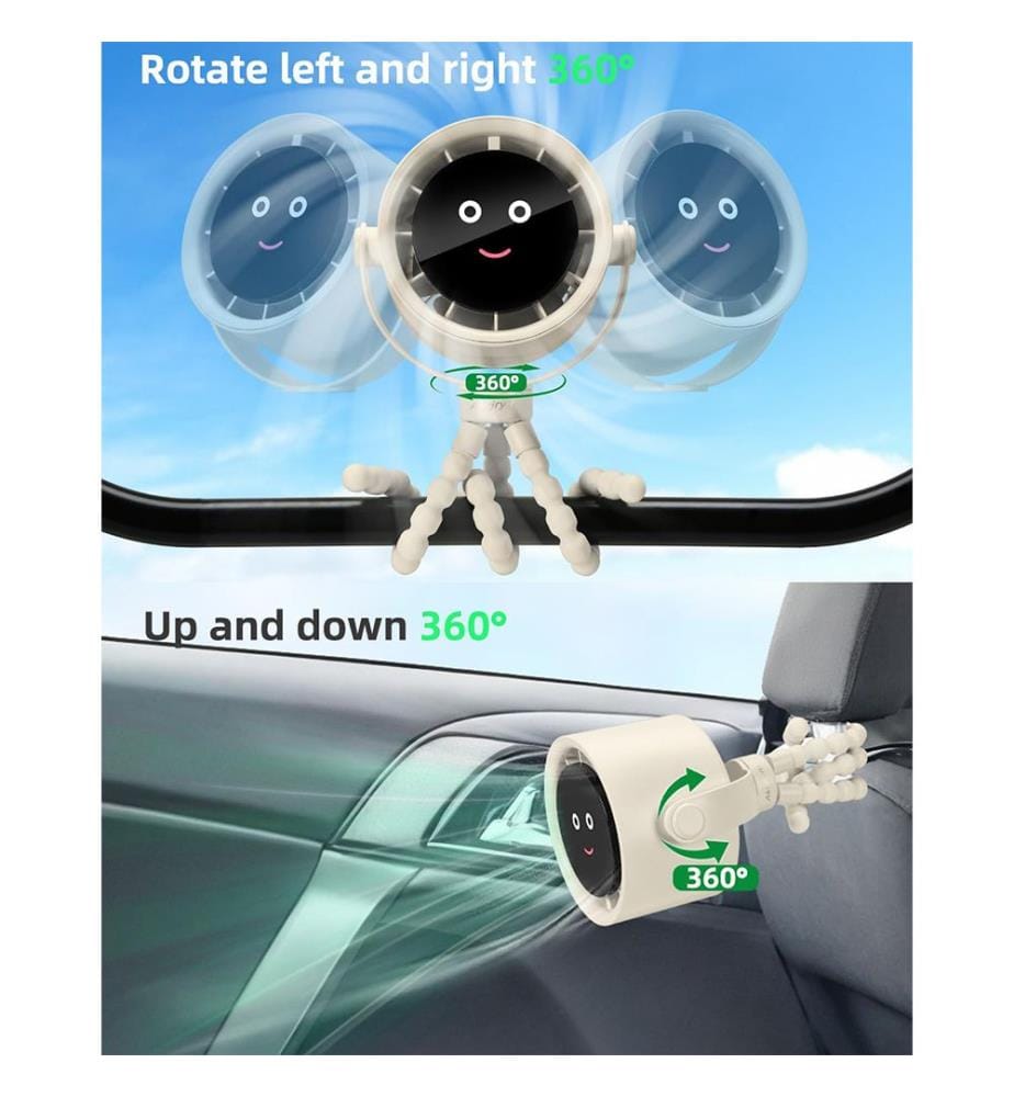 Tragbarer Kinderwagen-Ventilator, persönlicher Ventilator für die Reise, Air Turbo Tech&Digitales Display, abnehmbar, 5 Geschwindigkeiten, wiederaufladbar, 360° drehbar, flexibler Stativ-Ventilator - Reisweiss