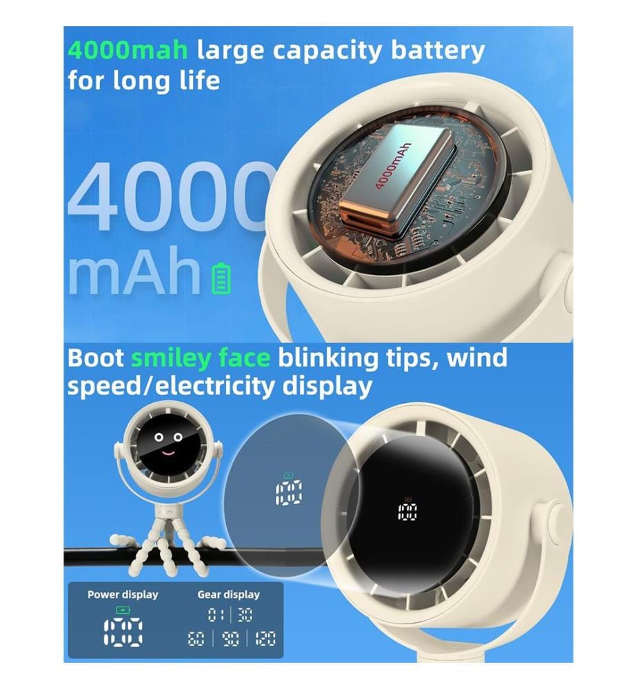 Tragbarer Kinderwagen-Ventilator, persönlicher Ventilator für die Reise, Air Turbo Tech&Digitales Display, abnehmbar, 5 Geschwindigkeiten, wiederaufladbar, 360° drehbar, flexibler Stativ-Ventilator - Reisweiss