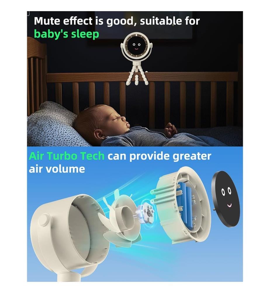 Tragbarer Kinderwagen-Ventilator, persönlicher Ventilator für die Reise, Air Turbo Tech&Digitales Display, abnehmbar, 5 Geschwindigkeiten, wiederaufladbar, 360° drehbar, flexibler Stativ-Ventilator - Reisweiss