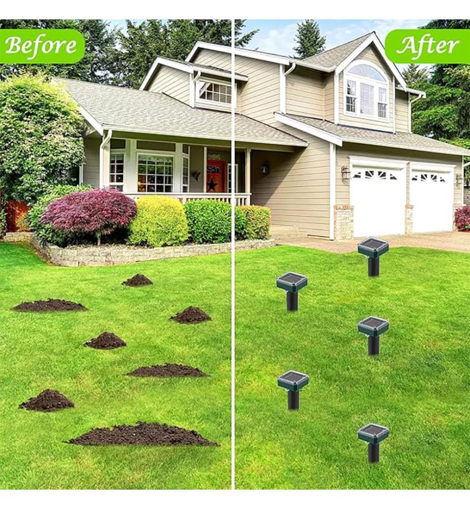 Set of 4 Ultrasonic Solar Mole Repellents for Lawns - Green
