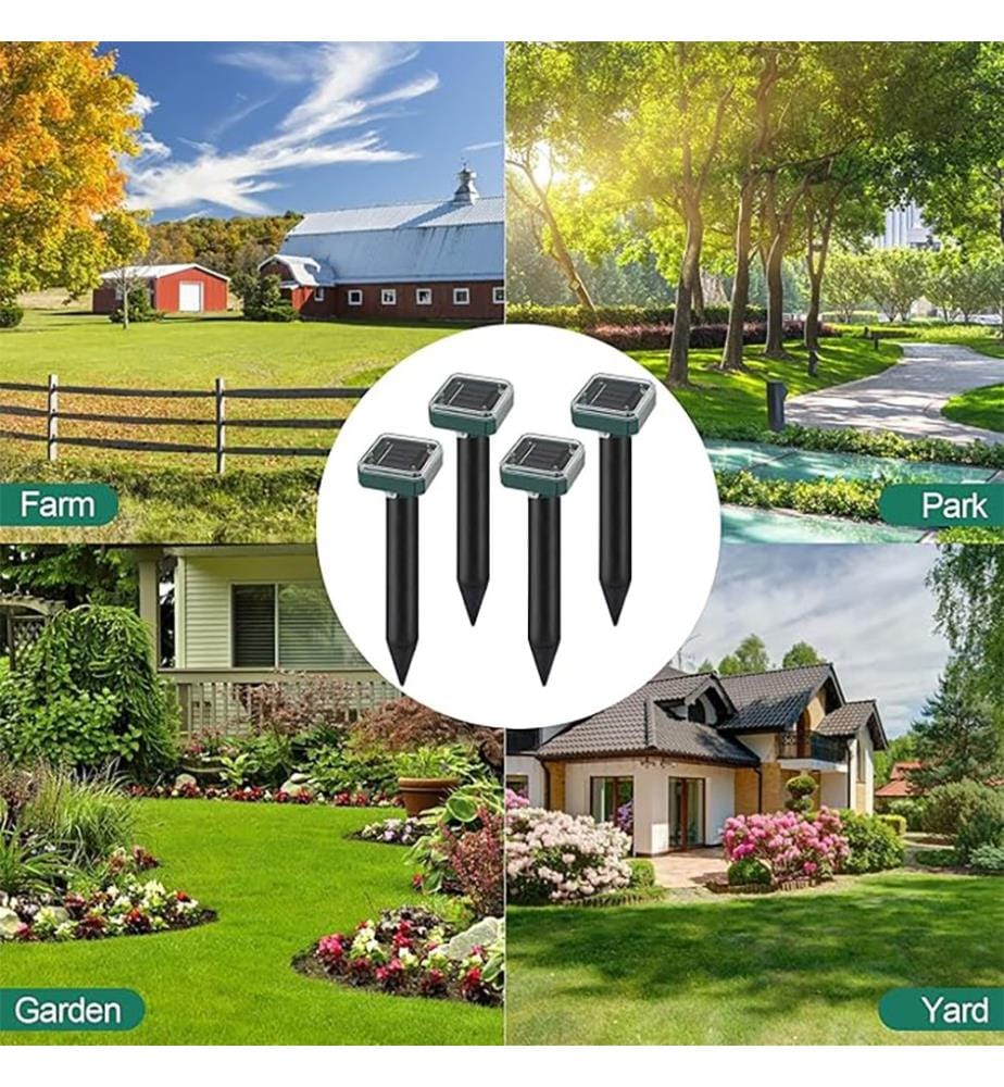 Set of 4 Ultrasonic Solar Mole Repellents for Lawns - Green