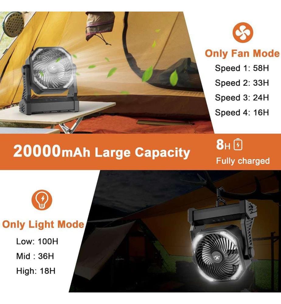 Ventilateur de Camping avec Lanterne LED sur Batterie 20000mAh - Noir