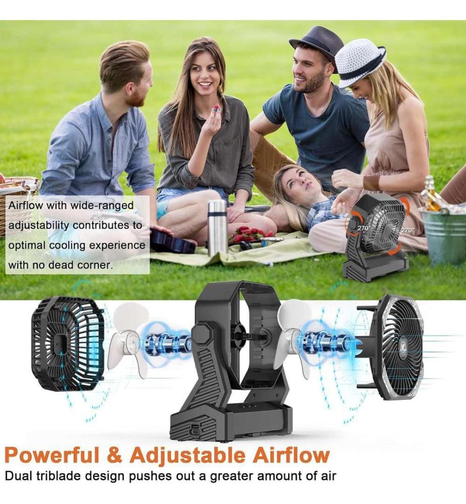Ventilateur de Camping avec Lanterne LED sur Batterie 20000mAh - Noir