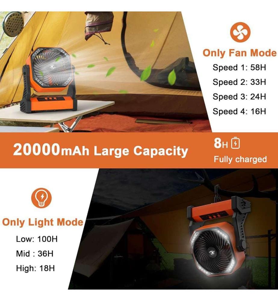 Ventilateur de Camping avec Lanterne LED sur Batterie 20000mAh - Orange