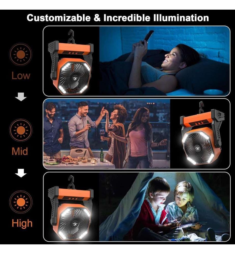 Ventilateur de Camping avec Lanterne LED sur Batterie 20000mAh - Orange