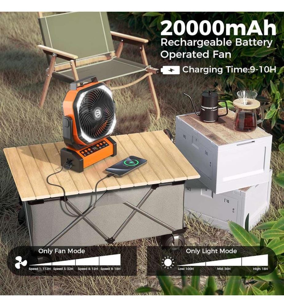 Campingventilator mit LED-Laterne und Akku 20000mAh - Orange