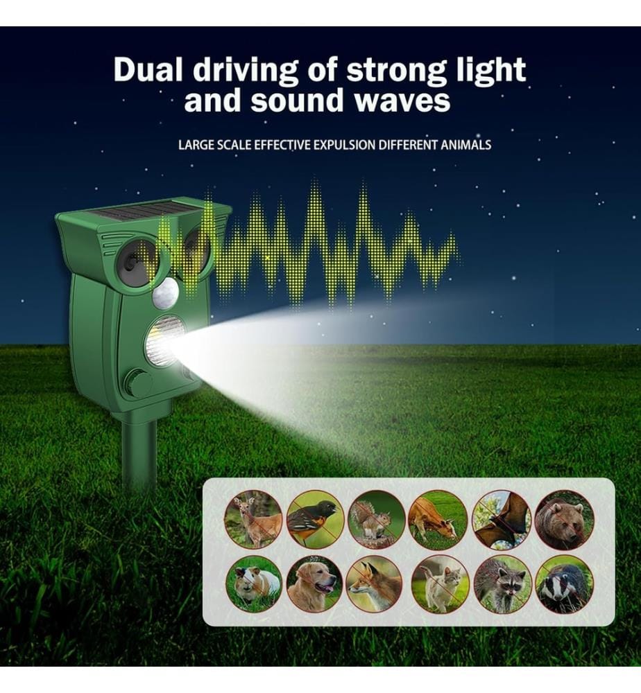 Set of 2 Solar and USB Rechargeable Ultrasonic Repellents for Cats and Mice - Green