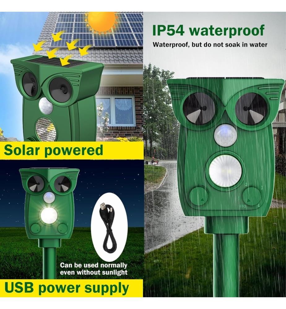 Set of 2 Solar and USB Rechargeable Ultrasonic Repellents for Cats and Mice - Green