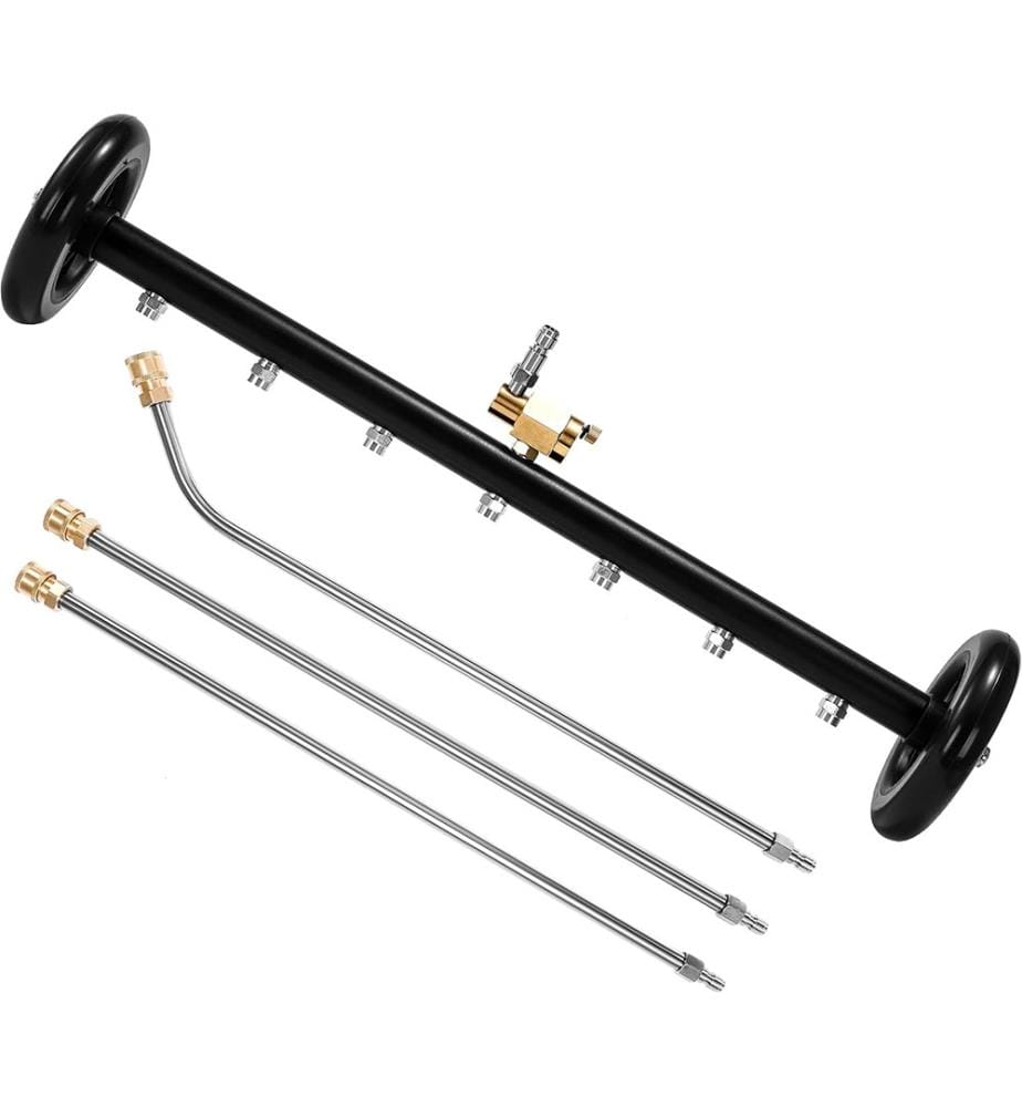 Unterbodenreiniger, 24 Zoll, Wasserbesen für Hochdruckreiniger mit 7 Düsen, Unterbodenwaschanlagenaufsatz, 3 Stück Verlängerungsstab, 4000 PSI - Schwarz