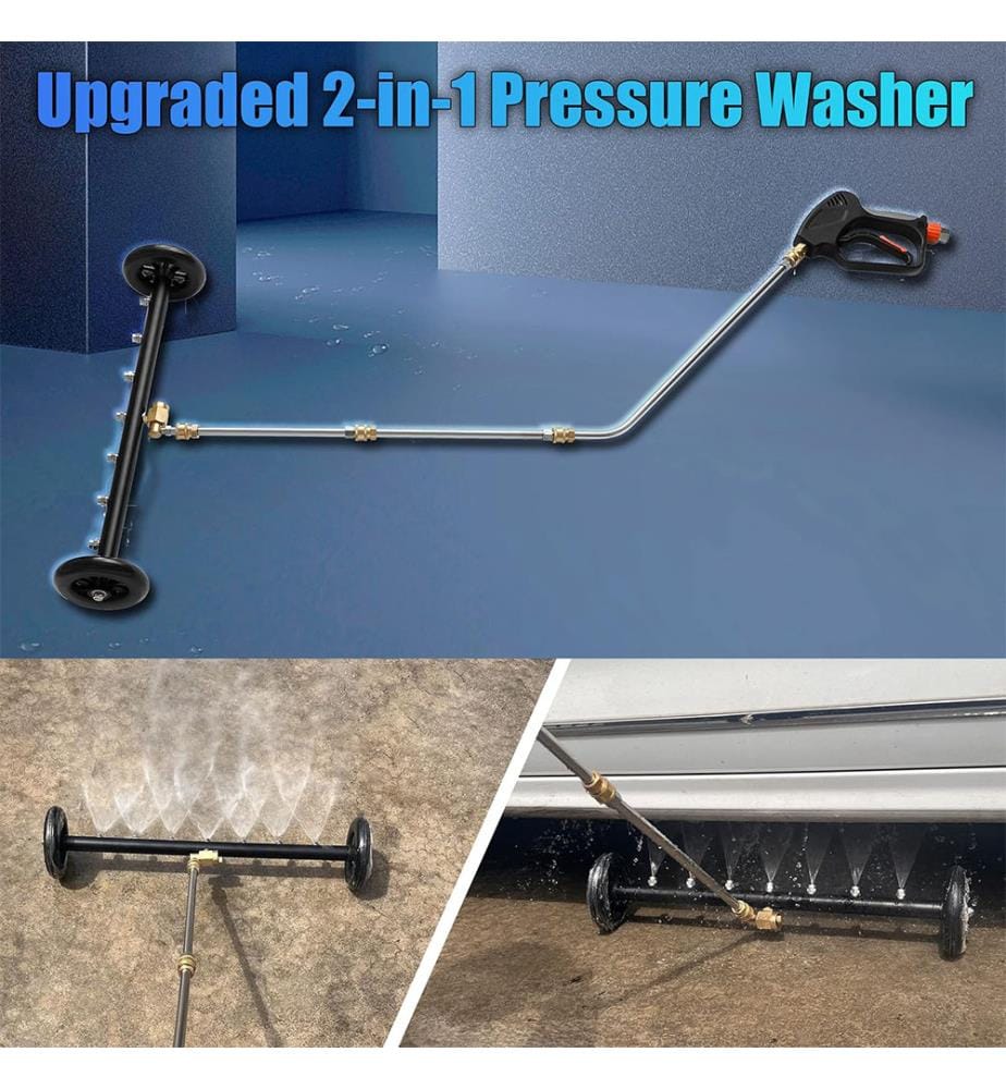 Unterbodenreiniger, 24 Zoll, Wasserbesen für Hochdruckreiniger mit 7 Düsen, Unterbodenwaschanlagenaufsatz, 3 Stück Verlängerungsstab, 4000 PSI - Schwarz