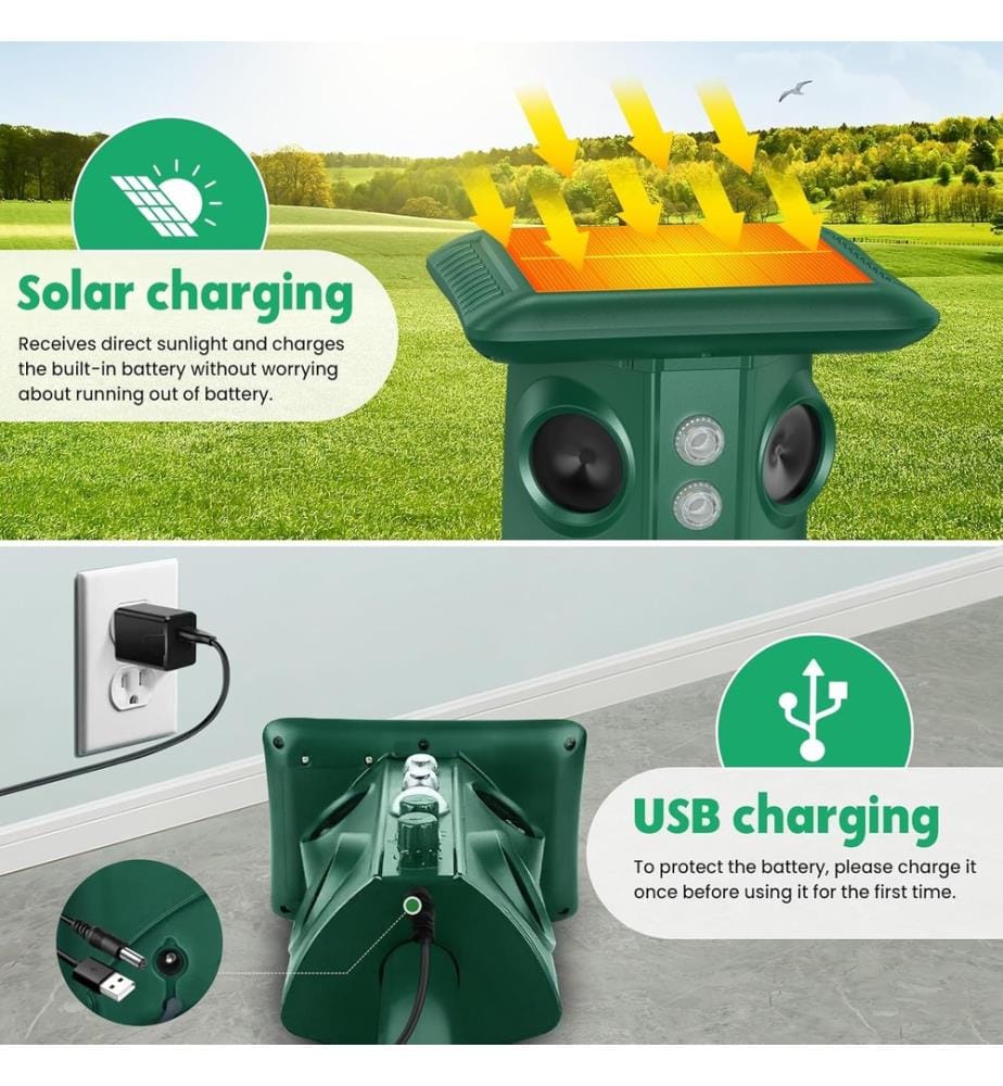Set of 2 Solar Ultrasonic Repellents with Vibration and Motion Detection - Green