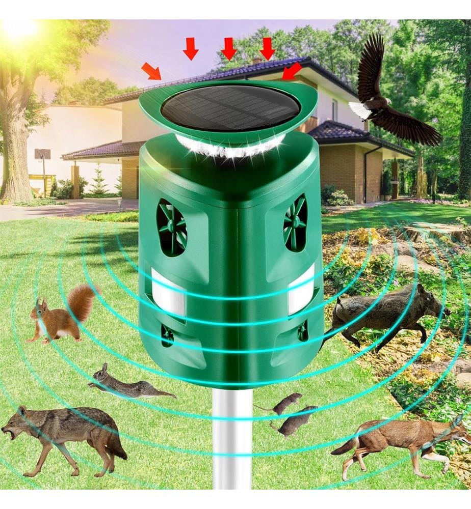 Repellente Solare a Ultrasuoni 360° con Sensore di Movimento e Luce Flash - Verde