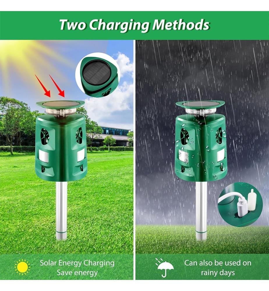 Repellente Solare a Ultrasuoni 360° con Sensore di Movimento e Luce Flash - Verde