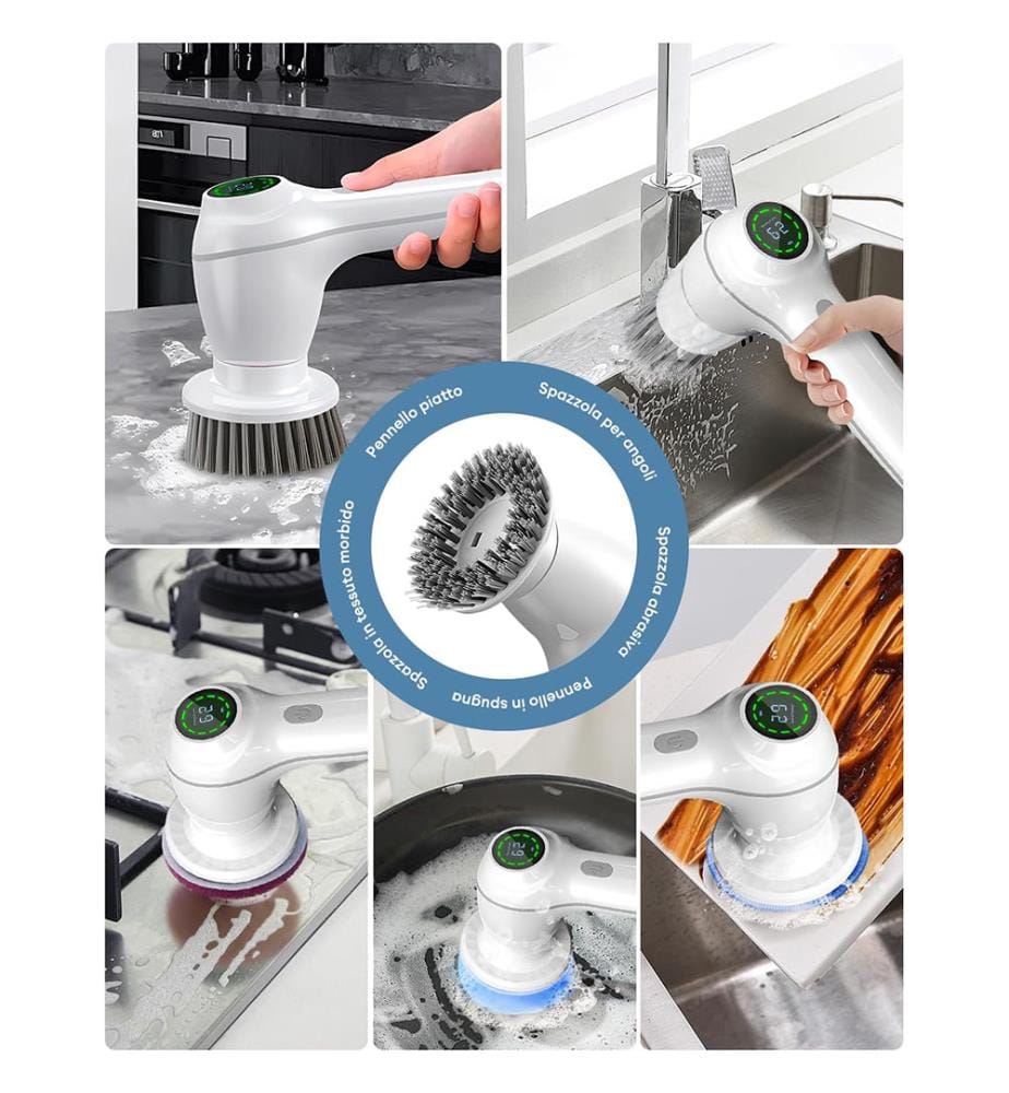 Wiederaufladbare rotierende elektrische Reinigungsbürste Spin Scrubber kabellos mit 7 kabellosen elektrischen Schrubbköpfen - Weiss