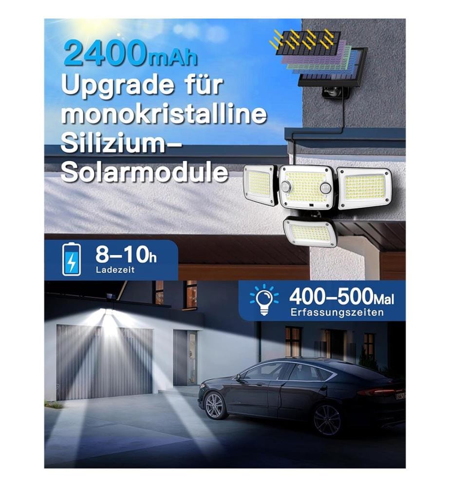 Set mit 2 Aussen-Solarlampen 296 LED 3500LM 7000K 3 Modi - Schwarz