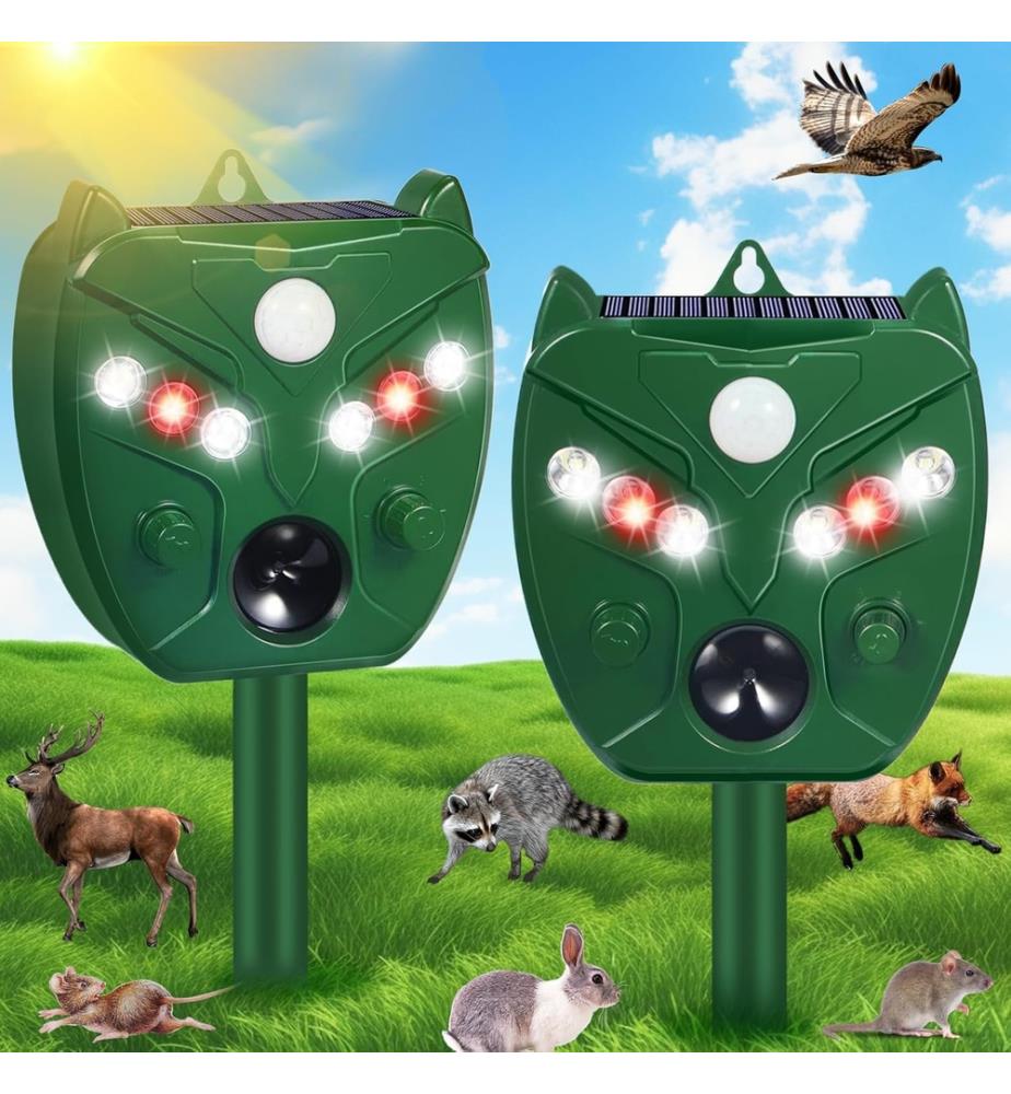 Set of 2 Solar Ultrasonic Repellents with Motion Sensor and LED - Green