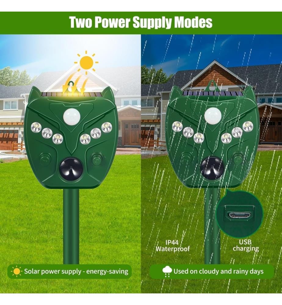 Set of 2 Solar Ultrasonic Repellents with Motion Sensor and LED - Green