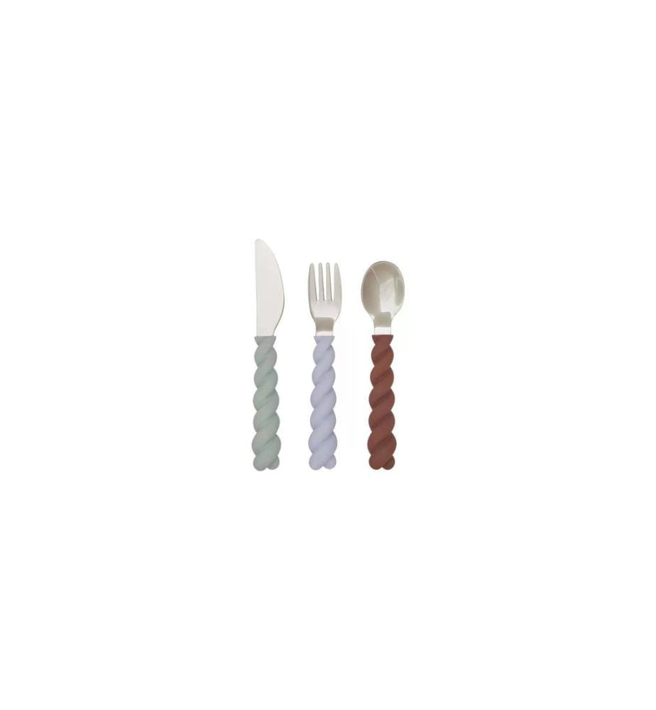 OYOY Set de couverts pour enfants Mellow 3 pièces, Bleu/Brun/Vert