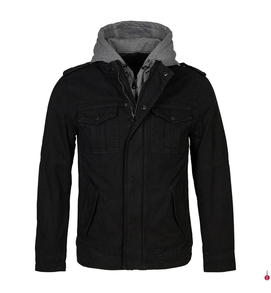 Veste Washed Cotton Faux Shearling Lined Hooded Military - Noir