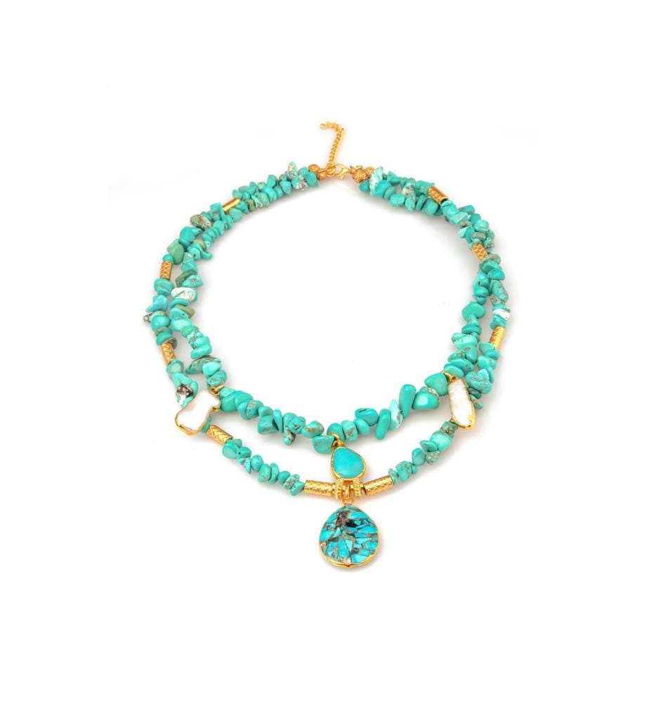 Turquoise and Cultured Pearl Necklace - Gold and Blue