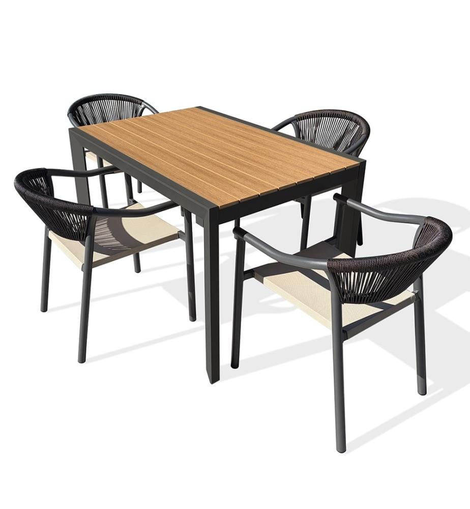 Ensemble repas d'une table de jardin TONGA (120x80 cm) en aluminium et plateau polywood aspect bois et 4 fauteuils SUMBA - GRIS ANTHRACITE