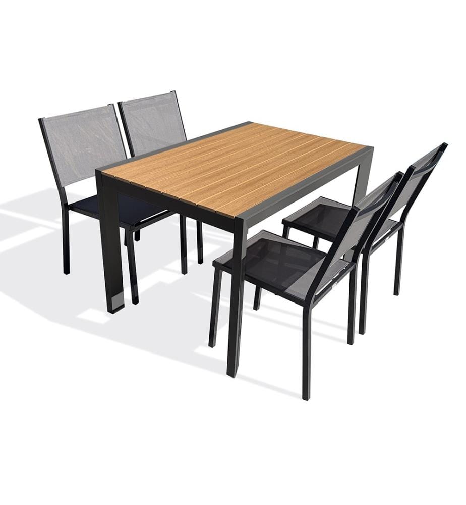 Ensemble repas d'une table de jardin TONGA (120x80 cm) en aluminium et plateau polywood aspect bois et 4 chaises TOLEDE empilables - GRIS ANTHRACITE