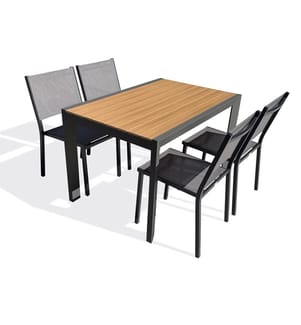 Essgruppe bestehend aus einem Gartentisch TONGA (120 x 80 cm) aus Aluminium mit einer Tischplatte aus Polywood in Holzoptik und 4 stapelbaren Stühlen TOLEDE - ANTHRAZITGRAU