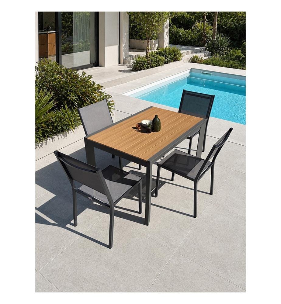 Ensemble repas d'une table de jardin TONGA (120x80 cm) en aluminium et plateau polywood aspect bois et 4 chaises TOLEDE empilables - GRIS ANTHRACITE