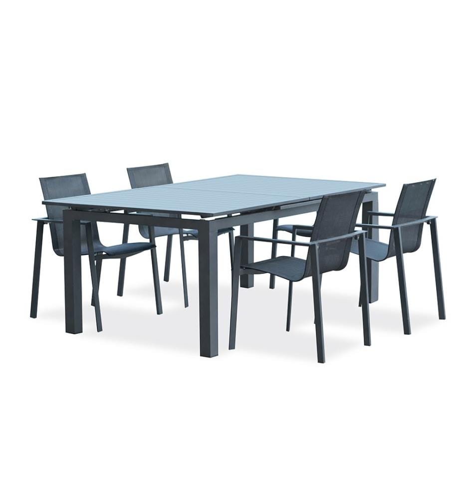 Gartentisch-Set MIAMI (180/240 x 100 cm) aus Aluminium mit automatischer Verlängerung und 4 MIAMI-Sesseln - ANTHRAZITGRAU