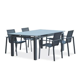 Gartentisch-Set MIAMI (180/240 x 100 cm) aus Aluminium mit automatischer Verlängerung und 4 MIAMI-Sesseln - ANTHRAZITGRAU