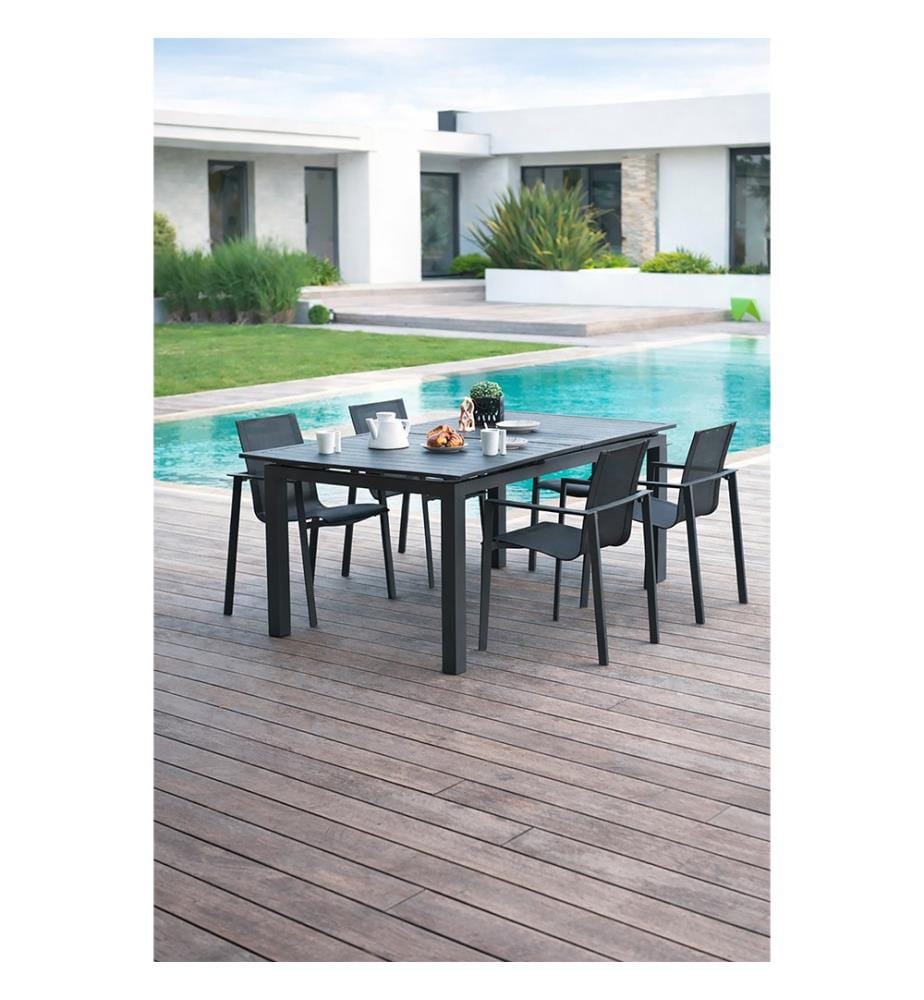 Gartentisch-Set MIAMI (180/240 x 100 cm) aus Aluminium mit automatischer Verlängerung und 4 MIAMI-Sesseln - ANTHRAZITGRAU
