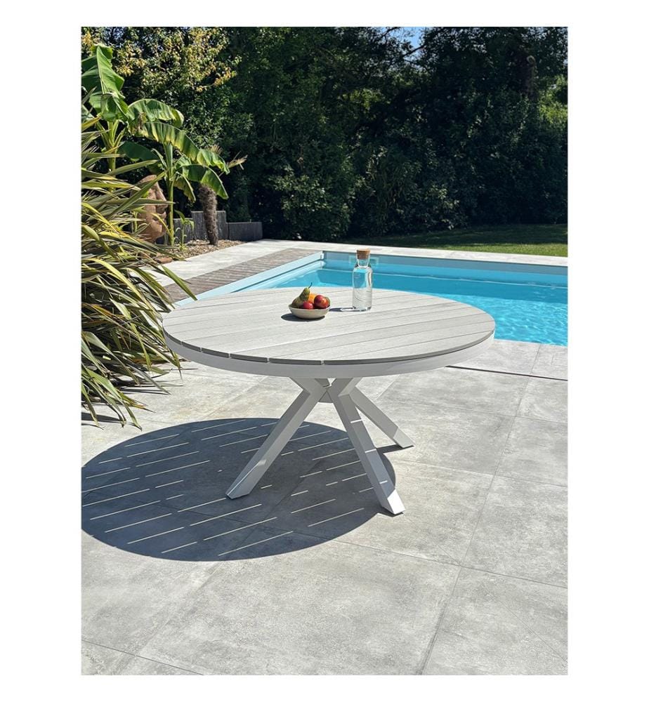 Runder Gartentisch ELBA (Durchmesser 142 cm) aus Aluminium mit Tischplatte aus Polywood - WEISS