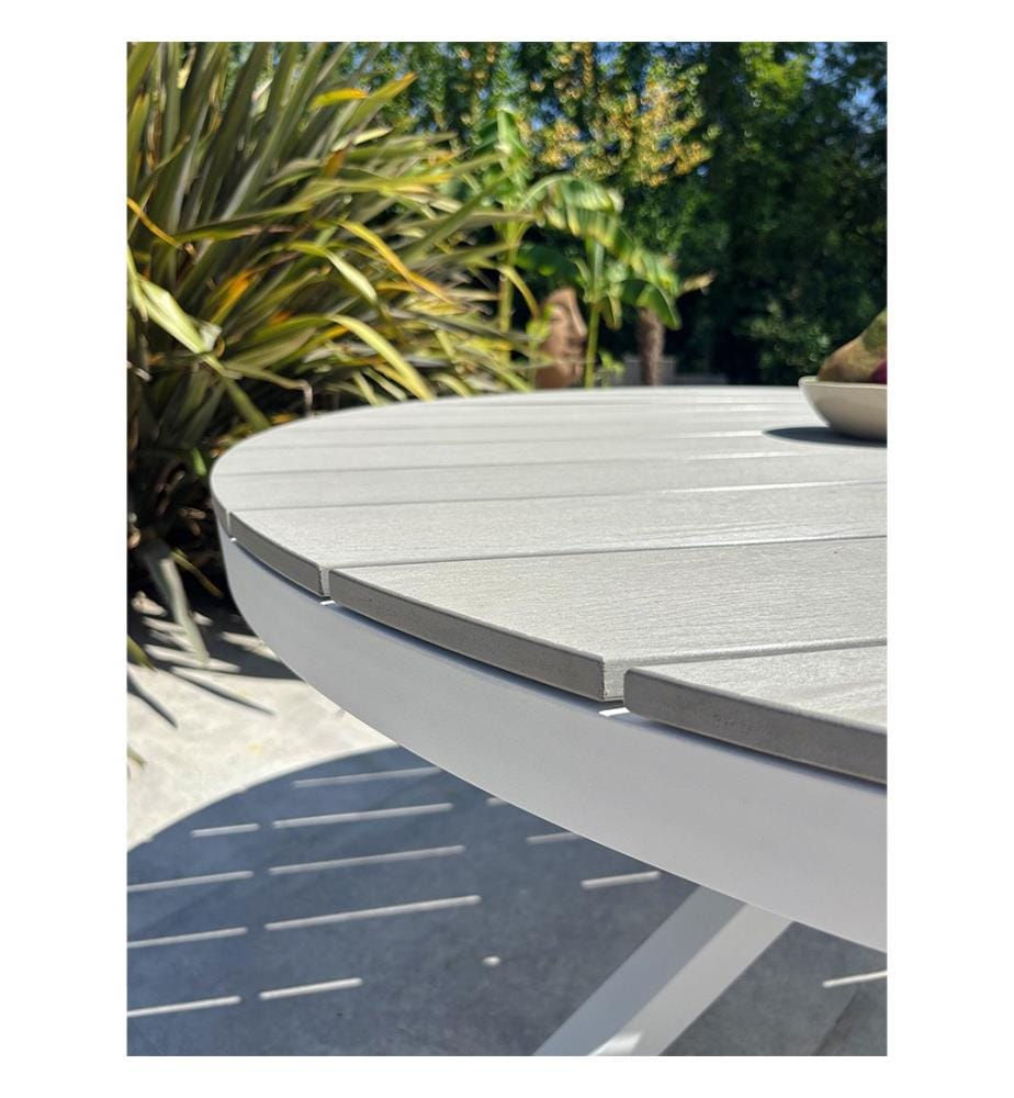 Runder Gartentisch ELBA (Durchmesser 142 cm) aus Aluminium mit Tischplatte aus Polywood - WEISS