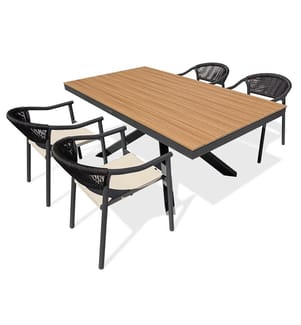 Set bestehend aus einem Gartentisch LAMU (180 x 100 cm) aus Aluminium mit einer Tischplatte aus Polywood in Holzoptik und 4 Sesseln SUMBA - ANTHRAZITGRAU