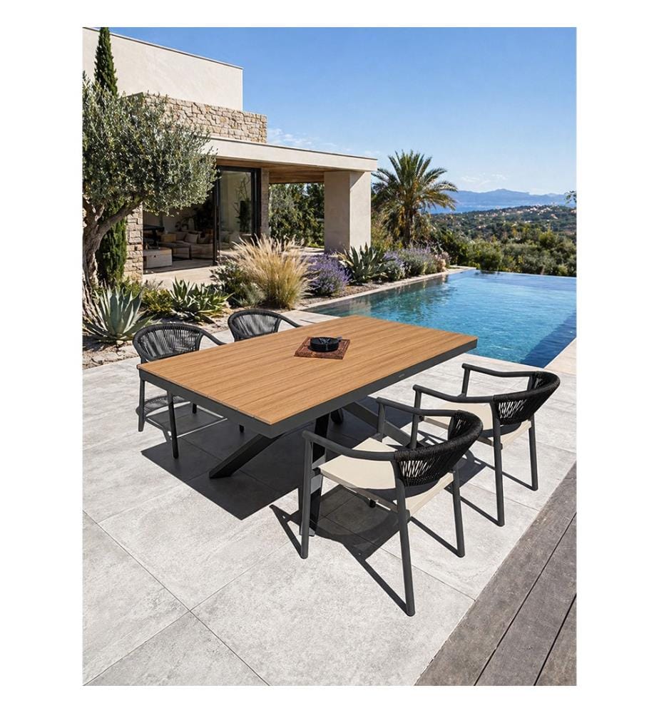 Lot composé d'une table de jardin LAMU (180x100 cm) en aluminium et plateau polywood aspect bois et 4 fauteuils SUMBA - GRIS ANTHRACITE