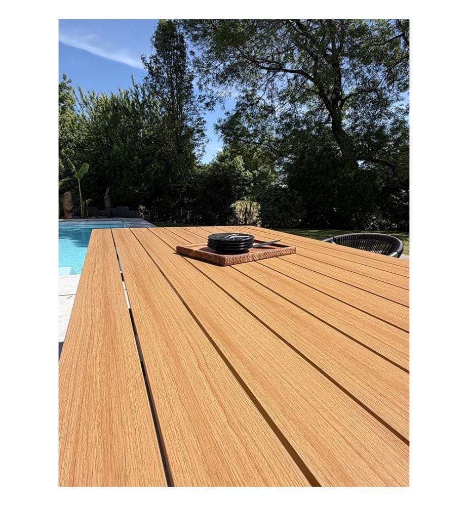 Lot composé d'une table de jardin LAMU (180x100 cm) en aluminium et plateau polywood aspect bois et 4 fauteuils SUMBA - GRIS ANTHRACITE