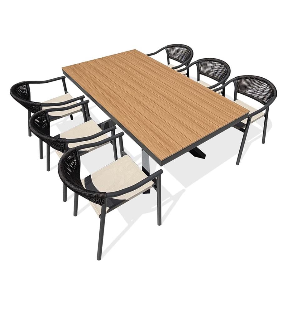 Lot composé d'une table de jardin LAMU (180x100 cm) en aluminium et plateau polywood aspect bois et 6 fauteuils SUMBA - GRIS ANTHRACITE