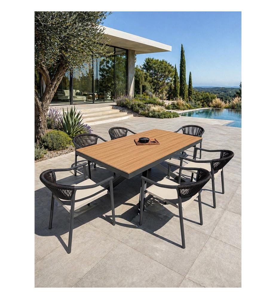 Lot composé d'une table de jardin LAMU (180x100 cm) en aluminium et plateau polywood aspect bois et 6 fauteuils SUMBA - GRIS ANTHRACITE