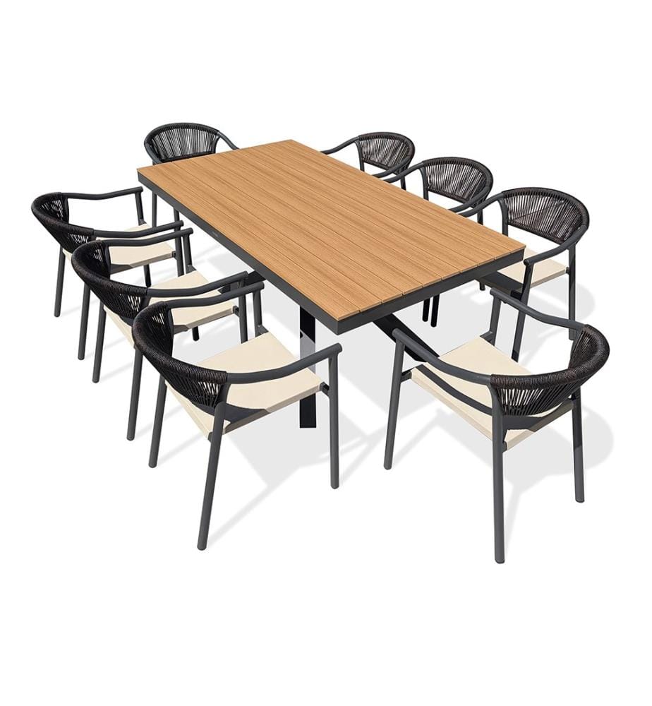 Lot composé d'une table de jardin LAMU (180x100 cm) en aluminium et plateau polywood aspect bois et 8 fauteuils SUMBA - GRIS ANTHRACITE