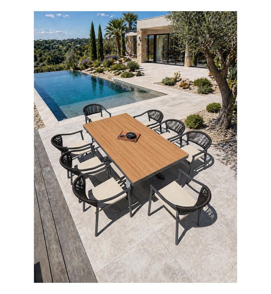 Lot composé d'une table de jardin LAMU (180x100 cm) en aluminium et plateau polywood aspect bois et 8 fauteuils SUMBA - GRIS ANTHRACITE
