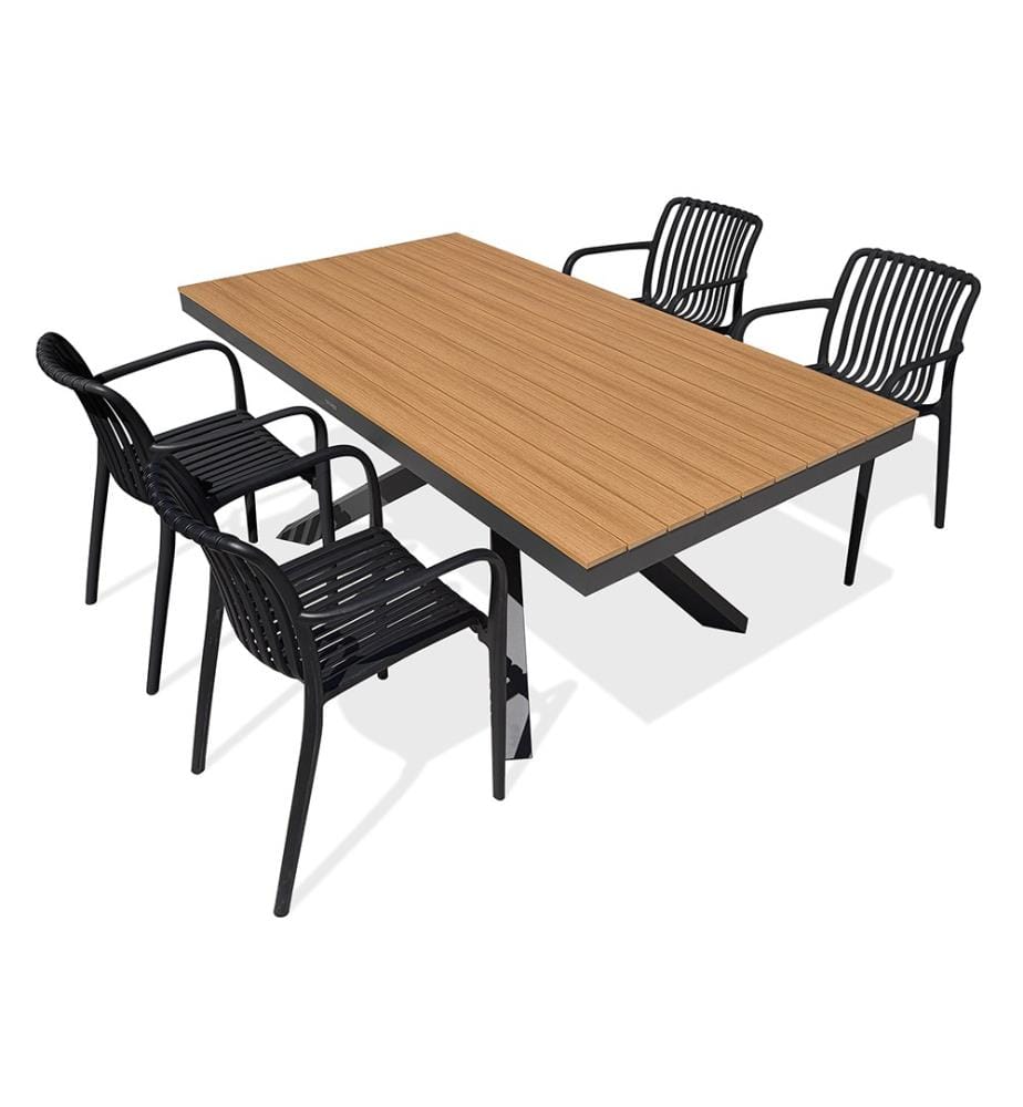 Lot composé d'une table de jardin LAMU (180x100 cm) en aluminium et plateau polywood aspect bois et 4 fauteuils TIAGO noir - GRIS ANTHRACITE