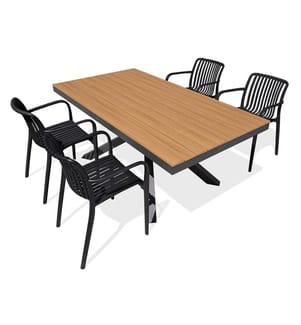 Set bestehend aus einem Gartentisch LAMU (180 x 100 cm) aus Aluminium mit einer Tischplatte aus Polywood in Holzoptik und 4 Sesseln TIAGO in Schwarz - ANTHRAZITGRAU