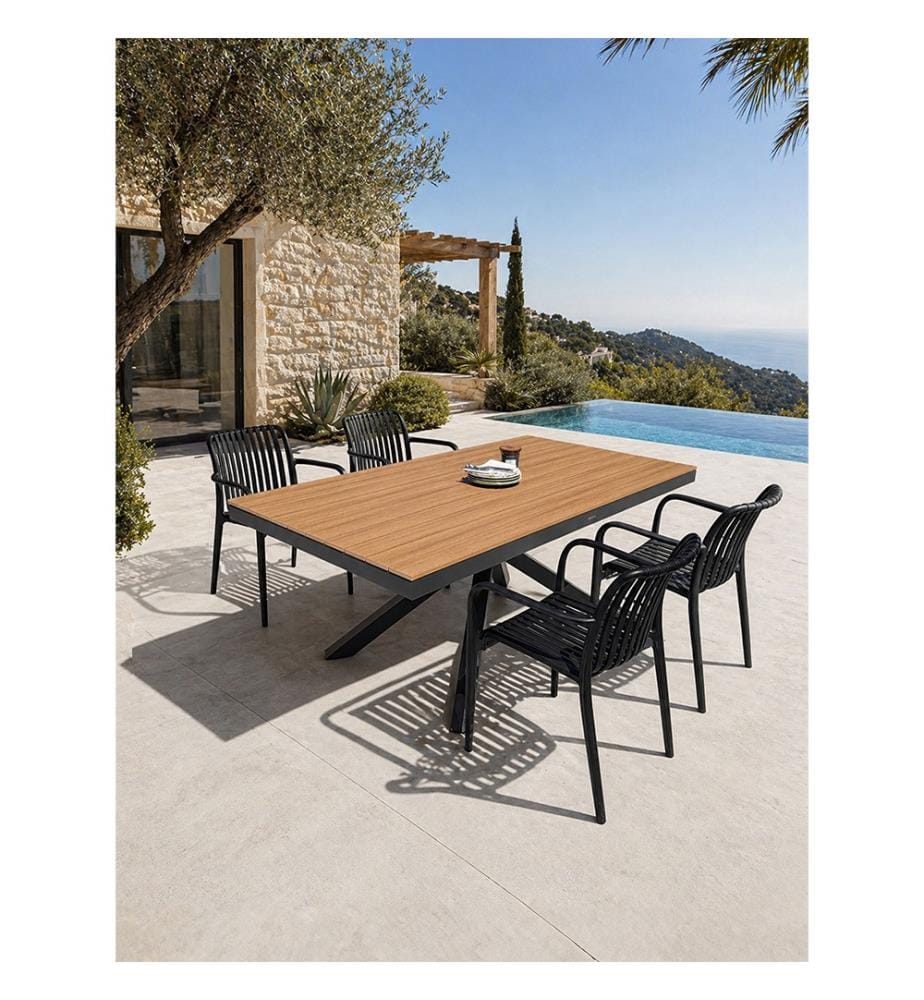 Lot composé d'une table de jardin LAMU (180x100 cm) en aluminium et plateau polywood aspect bois et 4 fauteuils TIAGO noir - GRIS ANTHRACITE